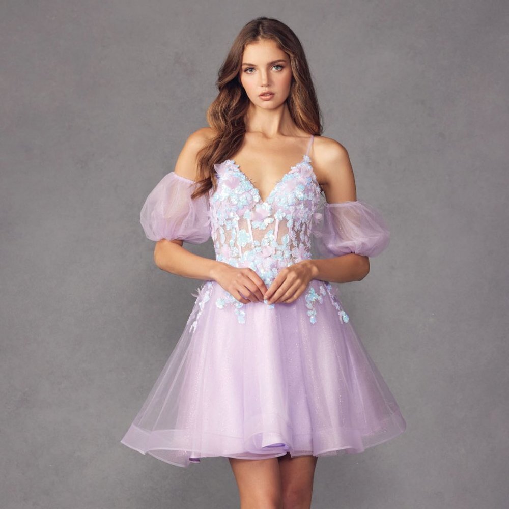 NEW LONG OFF THE SHOULDER BABY DOLL GOWN EMBROIDERED WITH FLORAL APPLIQUE JT 901